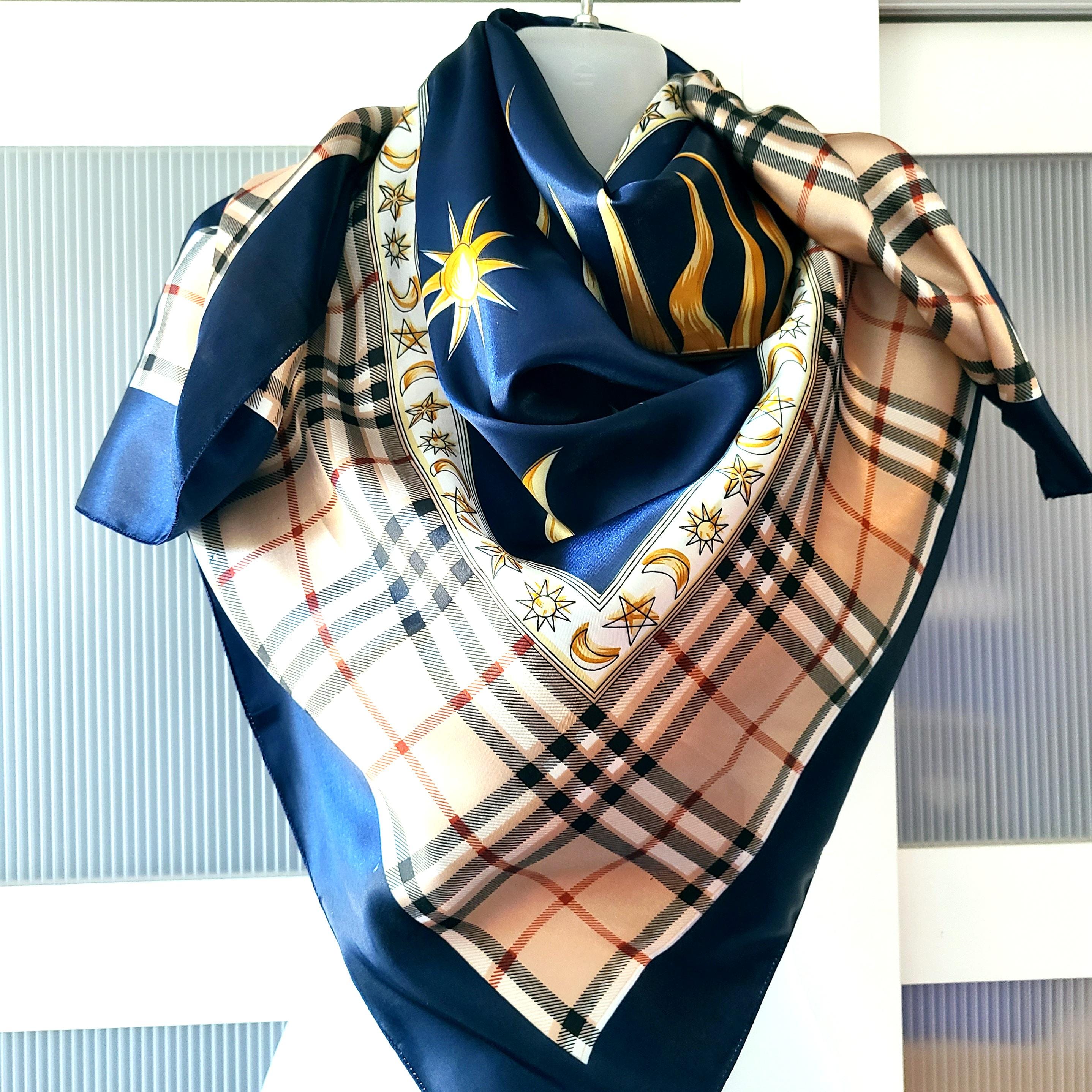 Silk Satin Scarf: Navy Blue Celestial Sun, Moon, Stars, Checkered
