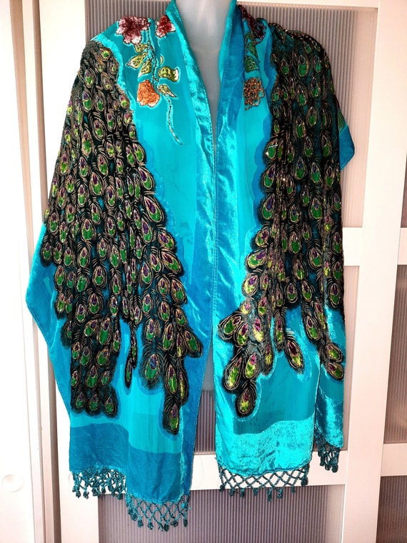 Art Deco Style Peacock Shawl Burnout Velvet Beade… - image 3