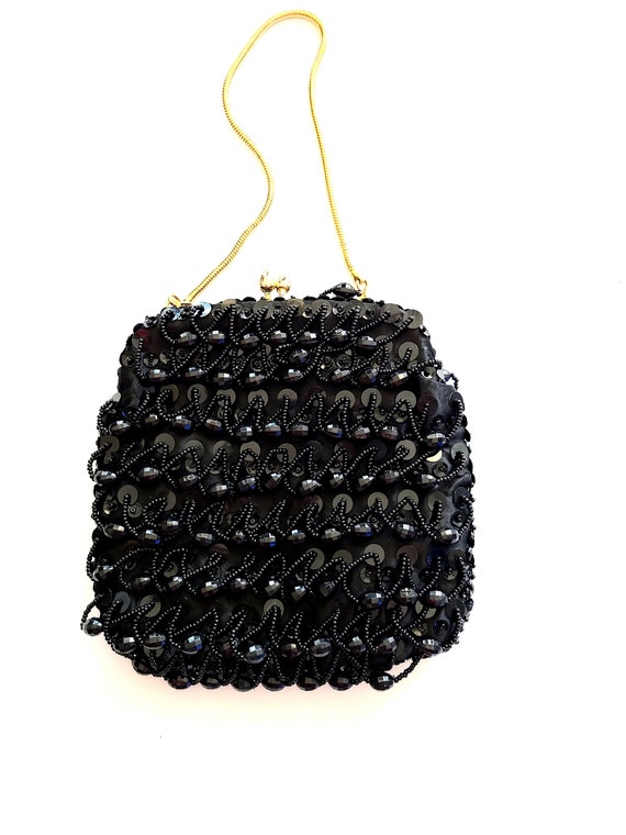 60s Evening Bag Purse Hong Kong Black Beaded Smal… - image 3