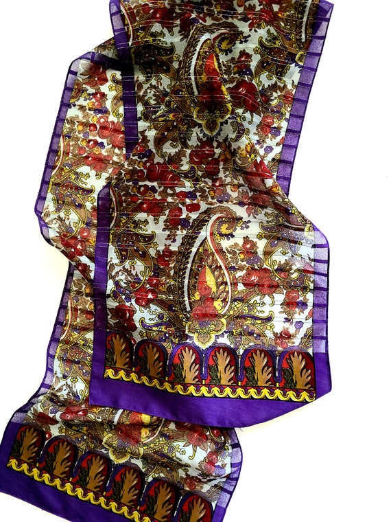 Purple Paisley Scarf: Metallic Thread, Red Rose Design