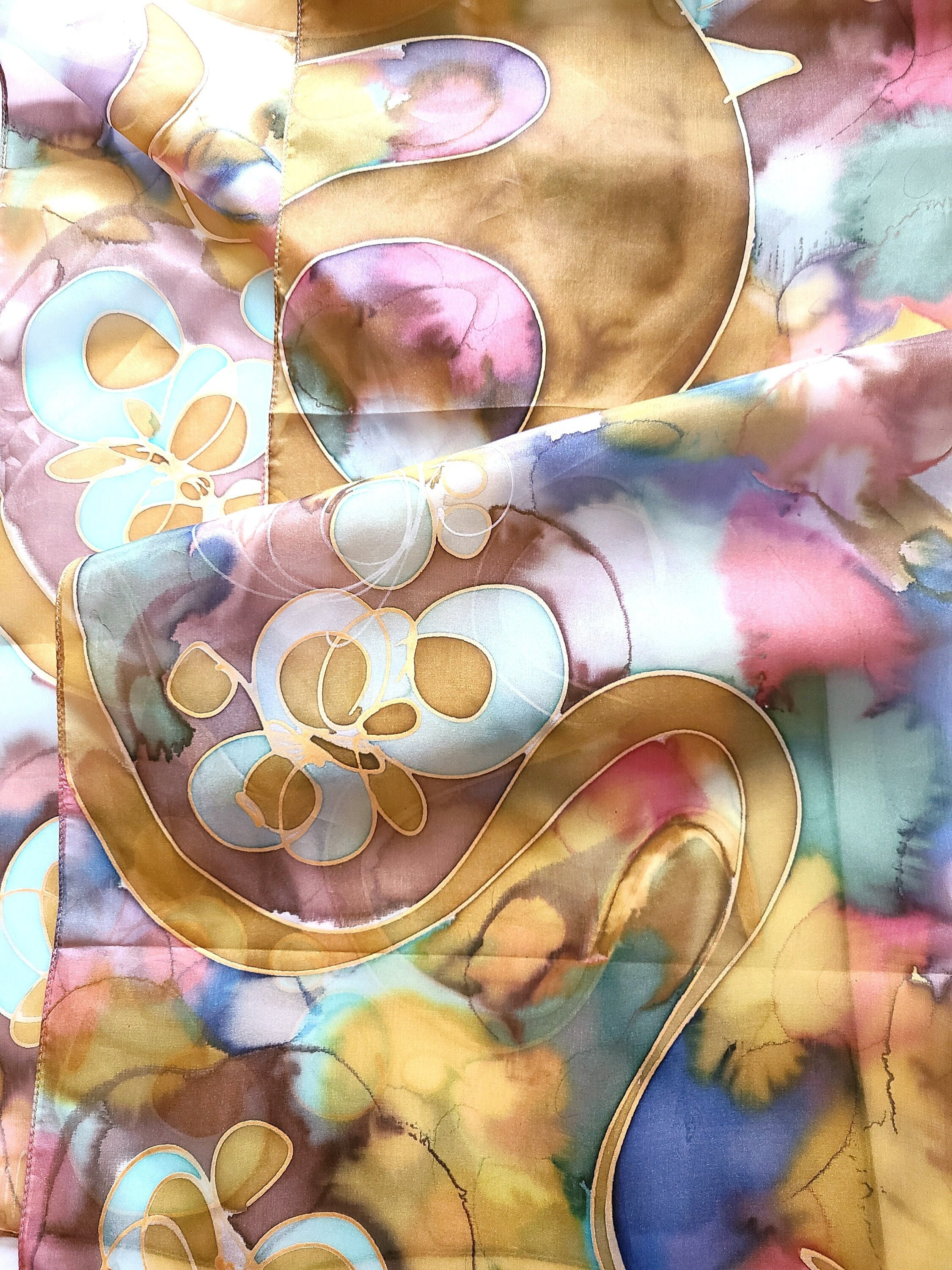 Ivory Blue Pink Floral Silk Blend Accent Scarf Hair Tie Pink Floral Scarf: Blue Flower Design, Silk Satin Wrap  main image 4