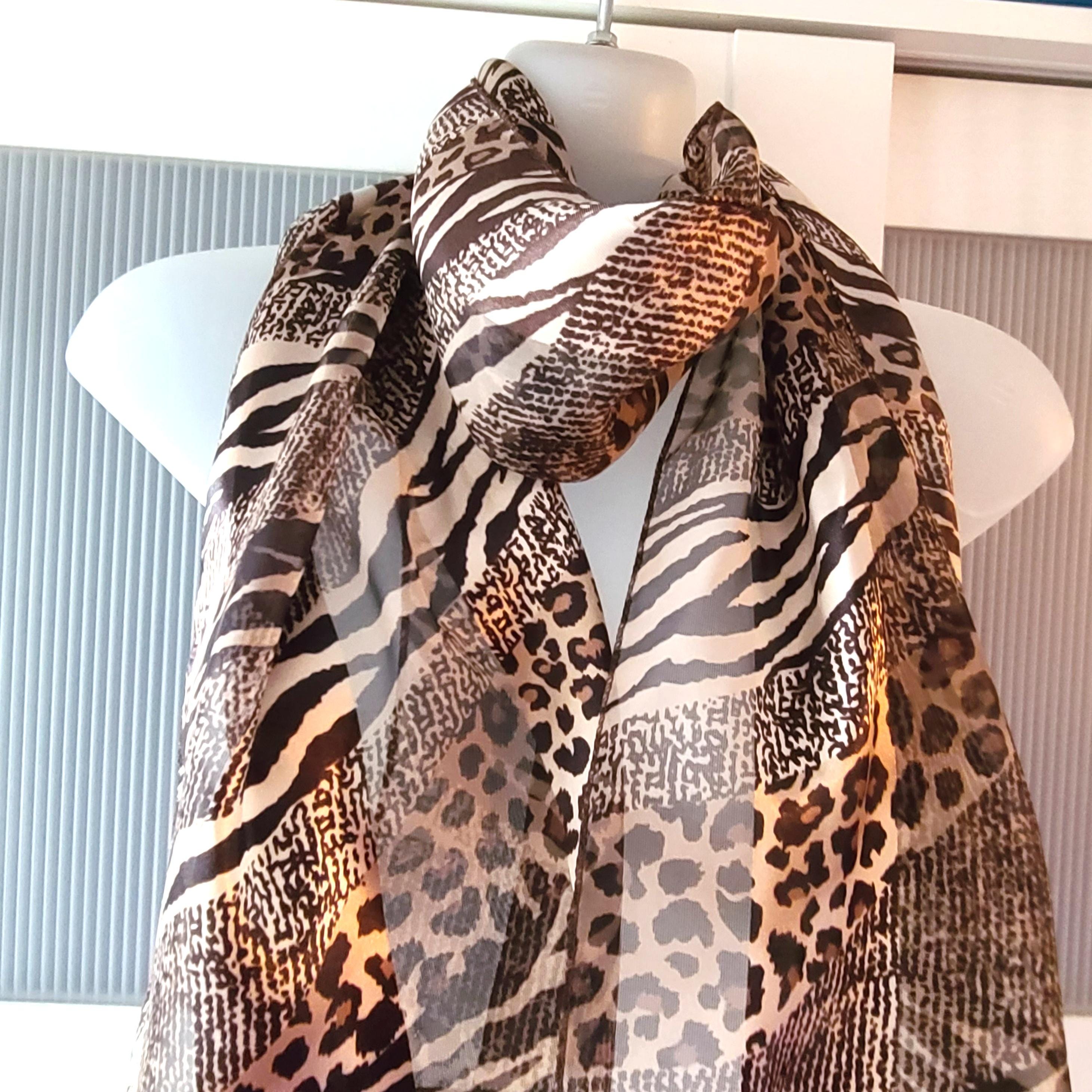 Brown Scarf Leopard Tiger Animal Print Silk Satin Neck Wrap