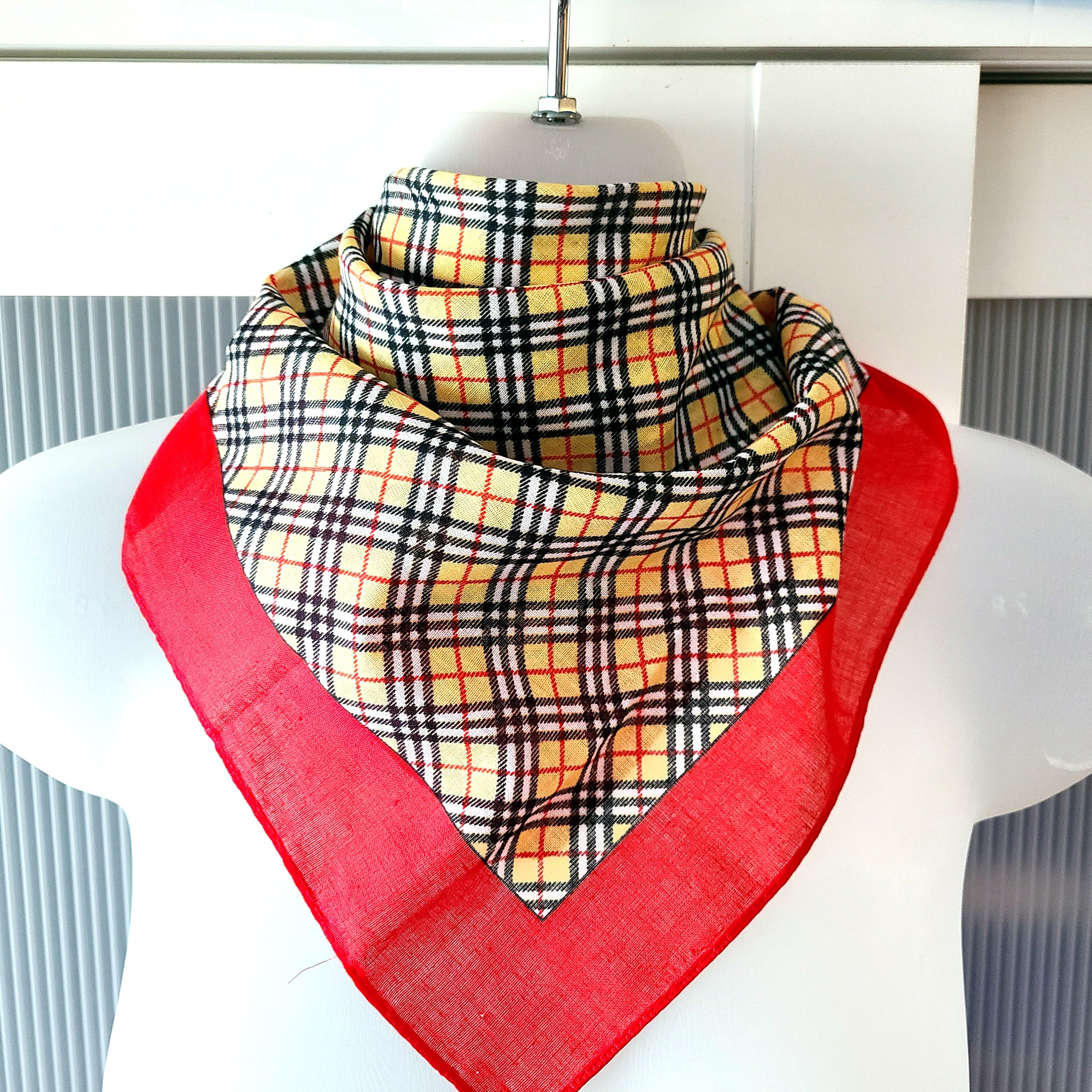 Red Yellow Checkered Scarf Orange Cotton Neck Wrap Headband Hair