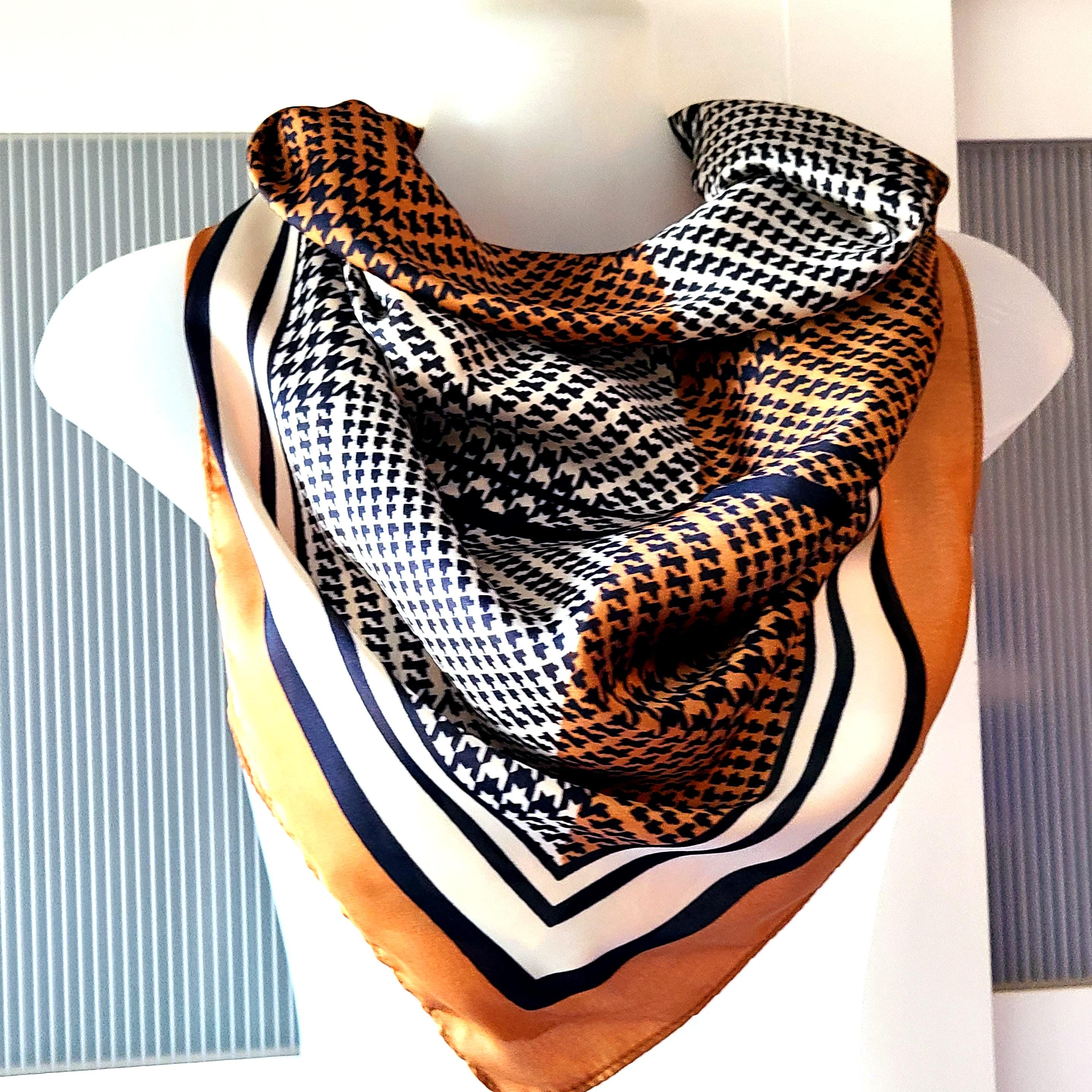 Geometric Silk Satin Scarf: Brown Black Houndstooth Neck