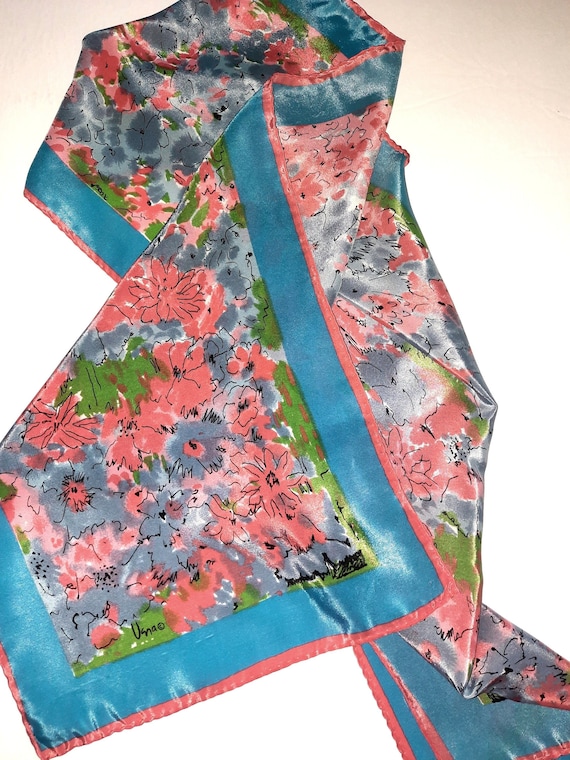 Cherry Blossom Scarf VERA DESIGNER Silk Blue Pink Floral Watercolor Print Women Fashion Decor