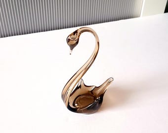 白鳥：ブラウンガラス、鳥の置物、ヴィンテージ、吹きガラス