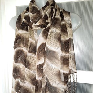 Brown Scarf SILK CHIFFON Shawl Grey Abstract Geometric Design Feathers Exotic Leopard Tiger Zebra Animal Print Unique Gifts for Women Her