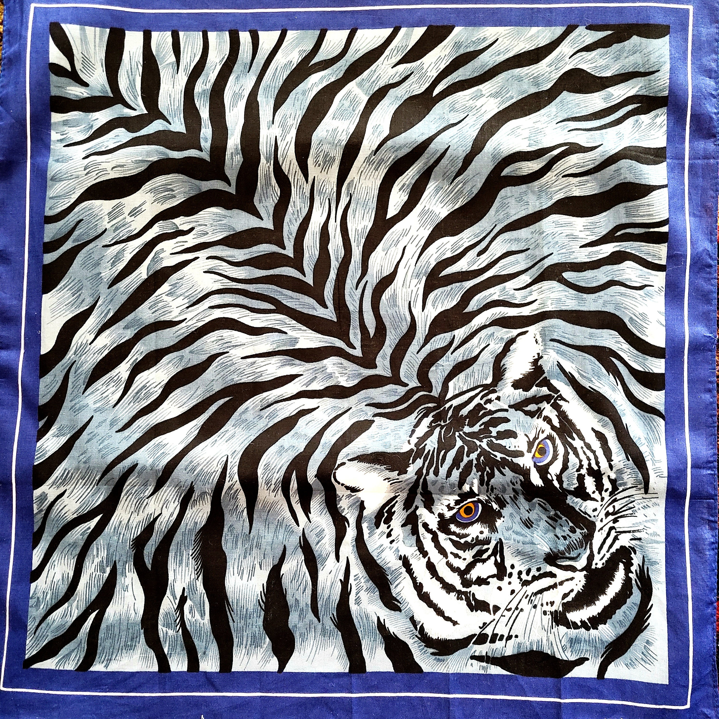 ✨50s✨Vintage★Bandana★Tiger★blue★FJ★ Tiger Brand Bandana Scarf Circa 1950's Blue and White Victor