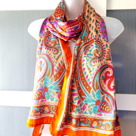 Silk Paisley Scarf: Orange, Pink, Teal Floral Wrap, Autumn Colors