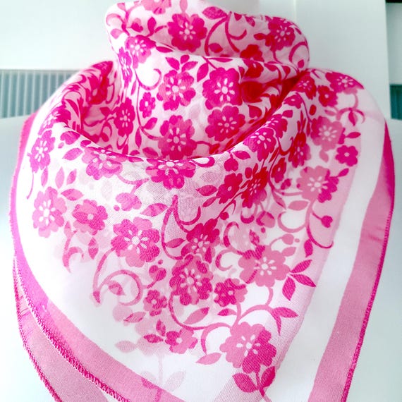 Vintage 70s Organza Scarf: Pink Cherry Blossom Floral Hair Tie