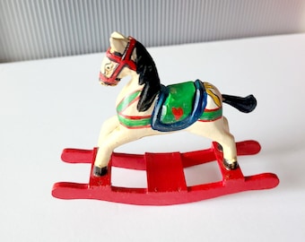 ROCKING HORSE: Wooden Hand Carved Handpainted Colorful Horse Toy, Retro Christmas Decor, Green Red