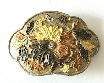 Belt Buckle Floral Enameled Yellow Brown Orange Leaf Design Jewelry Vintage Fashion Accessories Decor