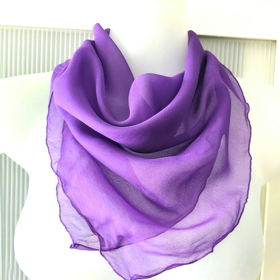 70s SILK CHIFFON SCARF Purple Crepe Georgette Sca… - image 1