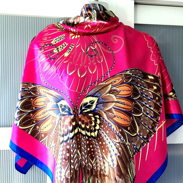 BUTTERFLY SCARF Hot Pink Royal Blue Large Square Silk Satin Scarf Insects Monarch Butterfly Birds Design Mothers Day Gifts for Her Mom Wife