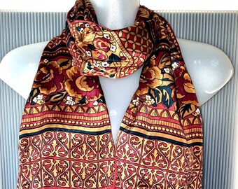 Bufanda burdeos de seda ADOLFO USA Diseñador Estampado floral geométrico de rosas Rojo Oro Naranja Corbata