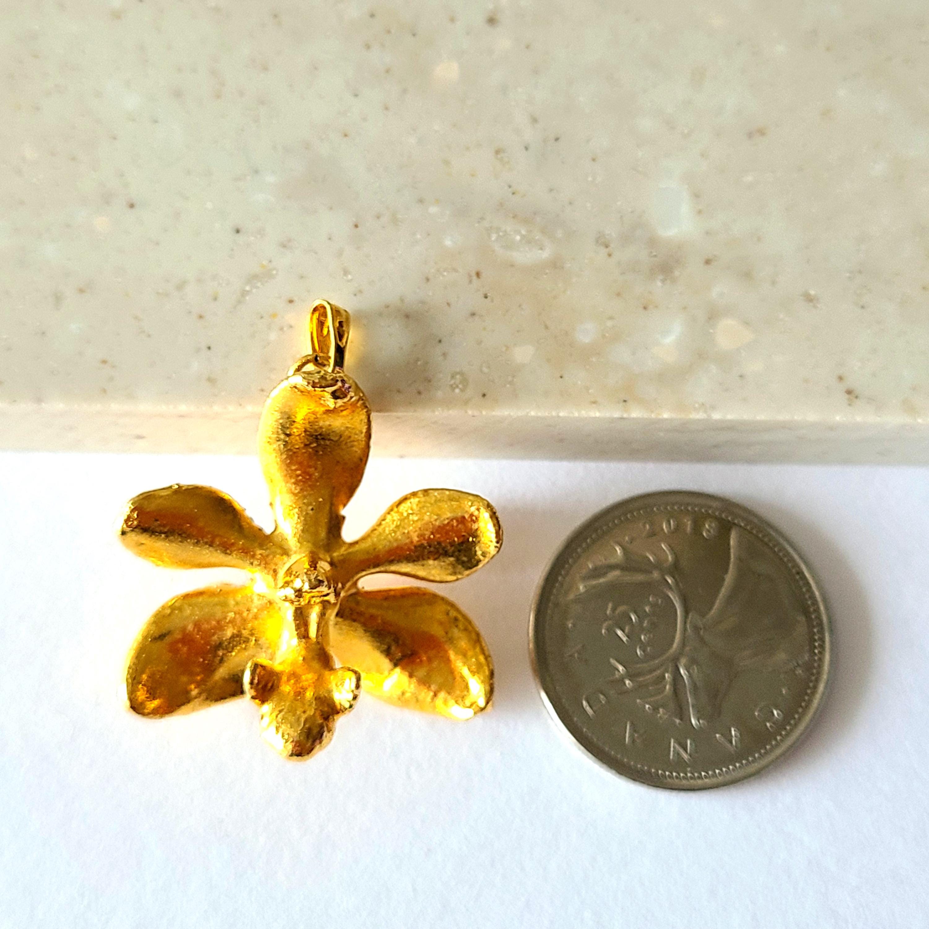 ORCHID PENDANT 22k Gold Plated Flower Brooch Necklace Delicate