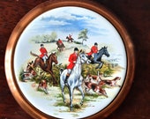 1950s Fox Hunting Plaque Made in England Great Britain Round Ceramic Plaque Plate in a Solid Copper Frame Coaster Wall Hanging Dogs Horses