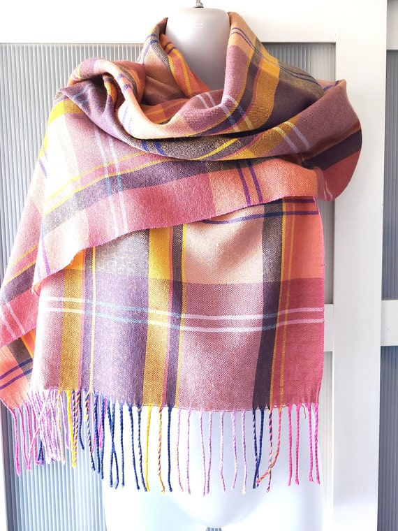 Pink Purple Wool Scarf Checkered Tartan Plaid Shawl Wrap Pastel