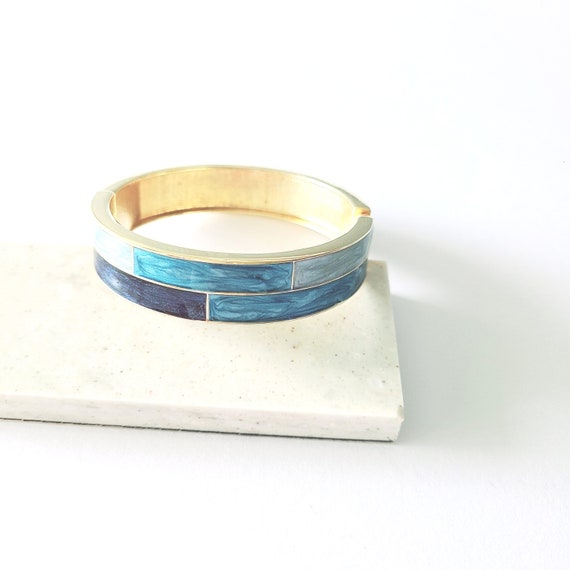 BLUE ENAMELED Bracelet Gold Tone Cuff Bracelet 60… - image 3