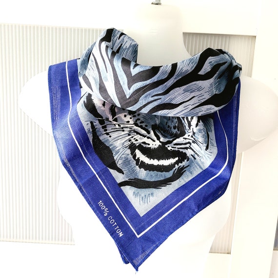 TIGER Animal Print Scarf Bandana Small Square Cotton Blue