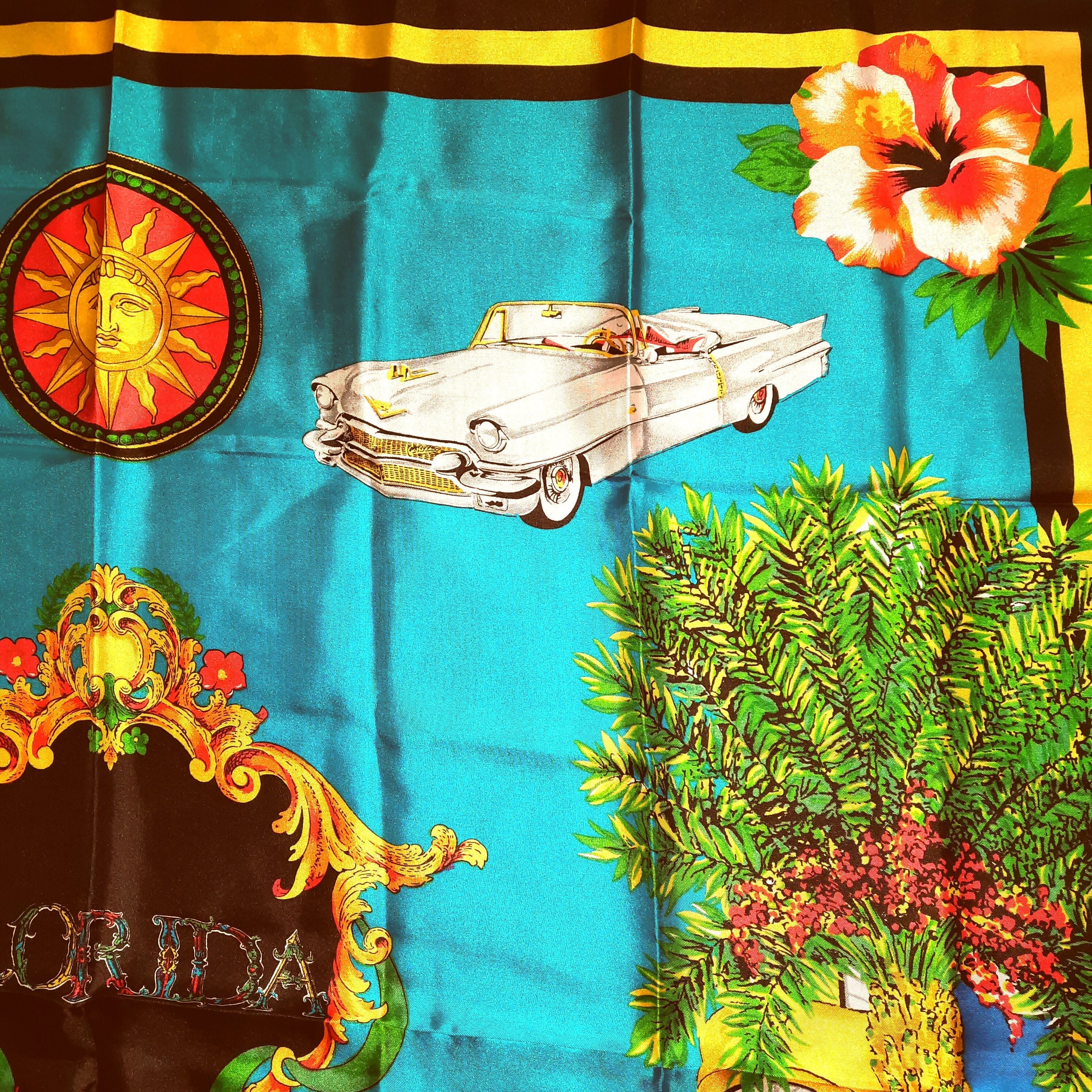 Teal Scarf Vintage 60s Silk Florida Cadillac Print Blue Yellow