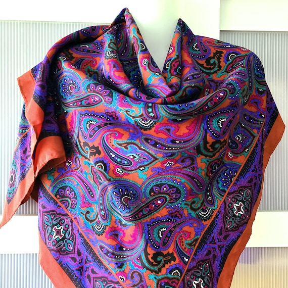 PAISLEY SCARF: Blue Green Brown Pink, Floral Persian Style 