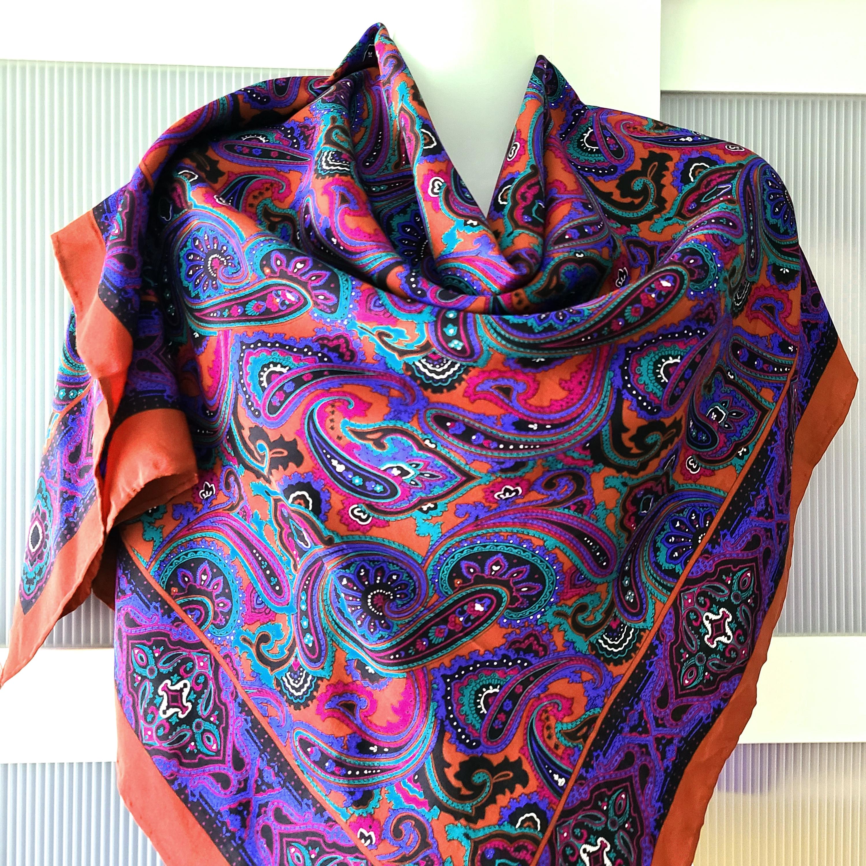 PAISLEY SCARF: Blue Green Brown Pink, Floral Persian Style, Silk