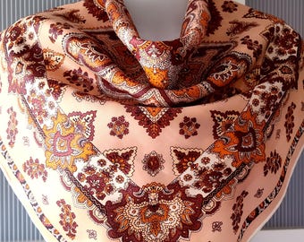 BROWN SCARF Paisley Floral Design Peach Orange Neck Wrap Headband Tie Bag Decor
