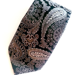 Black Paisley Necktie: Silver Grey Silk Satin Tie, Groom Wedding Suit