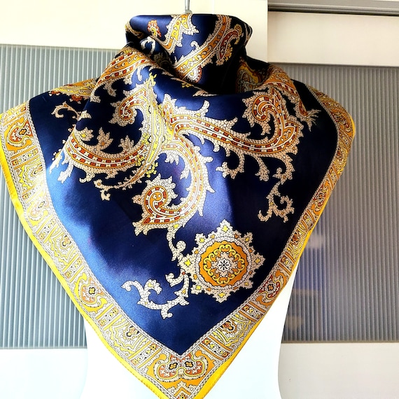 Blue Yellow Scarf St. Michael Paisley Silk Satin Men Women  display picture 1