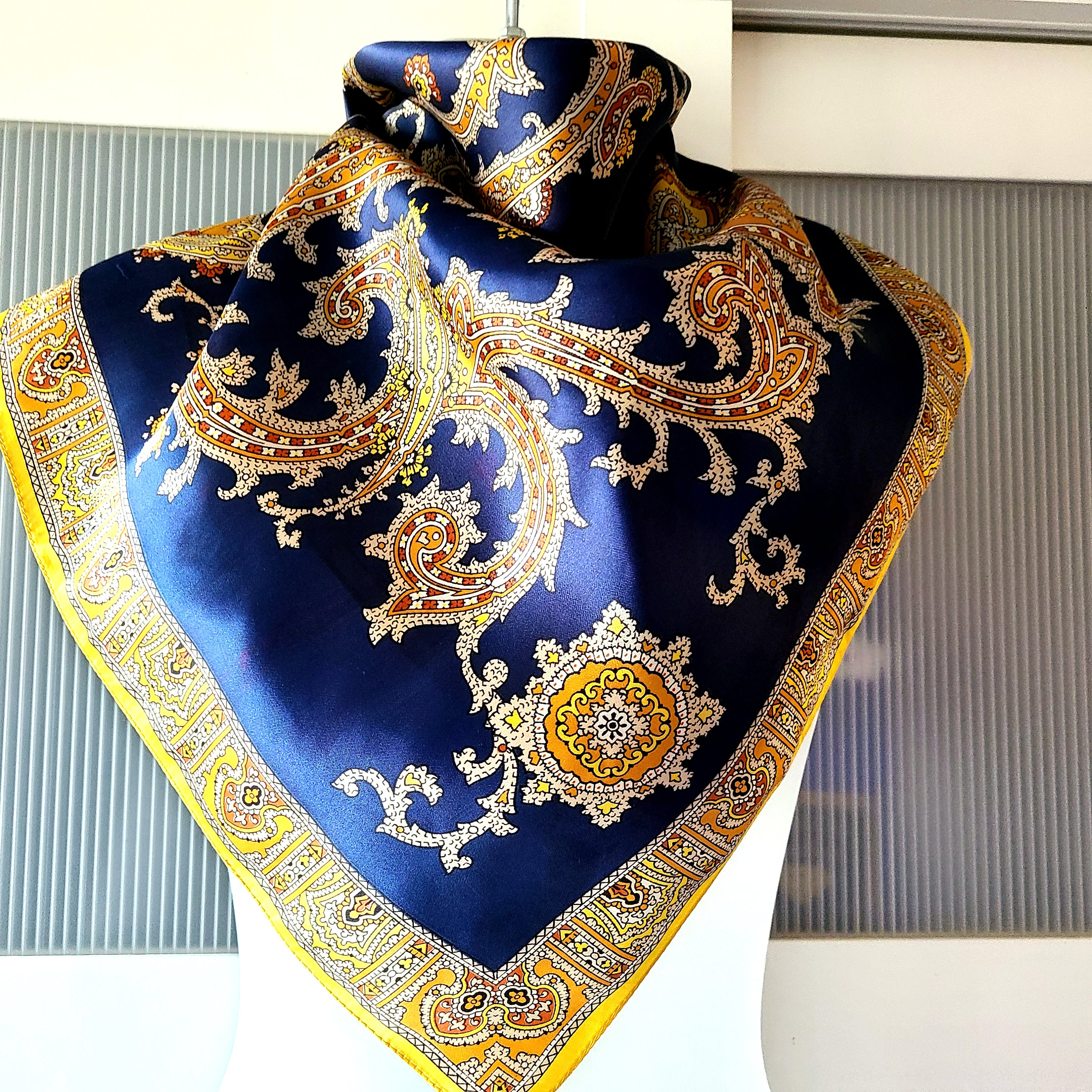 Blue Yellow Scarf St. Michael Paisley Silk Satin Men Women Neck