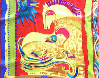 SILK SCARF Art Horses Gold Red Pink Purple Orange Rainbow Design Equestrian Theme Sun Sea Waves Wrap Headband Hair Tie Bag Decor Gift Her