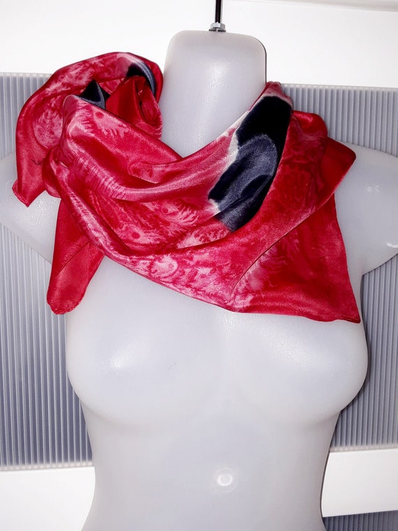 Red Silk Scarf Tie Dye Red Black White Abstract S… - image 2