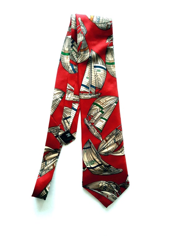 Red Tie Boats Print MONZINI COLLECTION Necktie De… - image 1