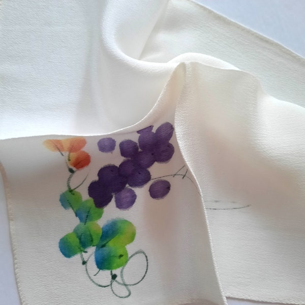 Handpainted Silk Handkerchief Cream White Green Orange Purple Fruit Grapes Flowers Silk Art Weddings Gift White Silk Pocket Square The Puff