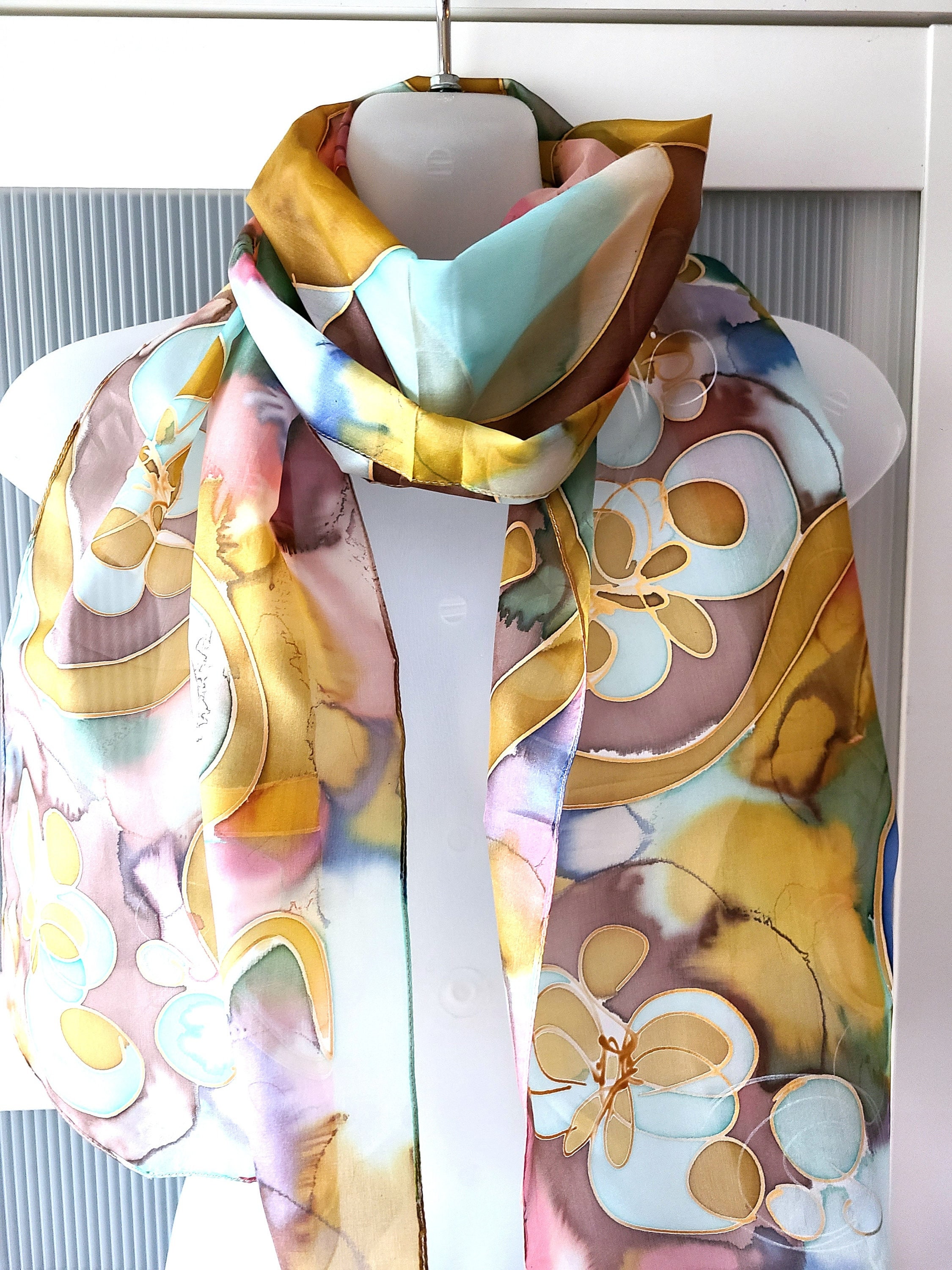 Ivory Blue Pink Floral Silk Blend Accent Scarf Hair Tie Allison Floral Hair Scarf | Skinny Scarf main image 2