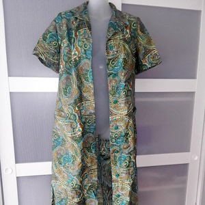 Green Dress Paisley Design Gown Cotton Fitting Dress Short Sleeves Below Knees Full Length Front Buttons Oriental Persian Boho Gifts Her