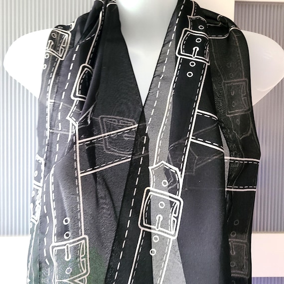 Equestrian Chiffon Scarf: Black & White Belt Buckle Print - Etsy display picture 2