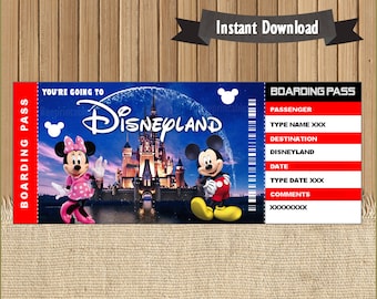 Billet de voyage surprise à DisneyLand, carte d'embarquement, billet, fichier modifiable à personnaliser avec Adobe Reader !
