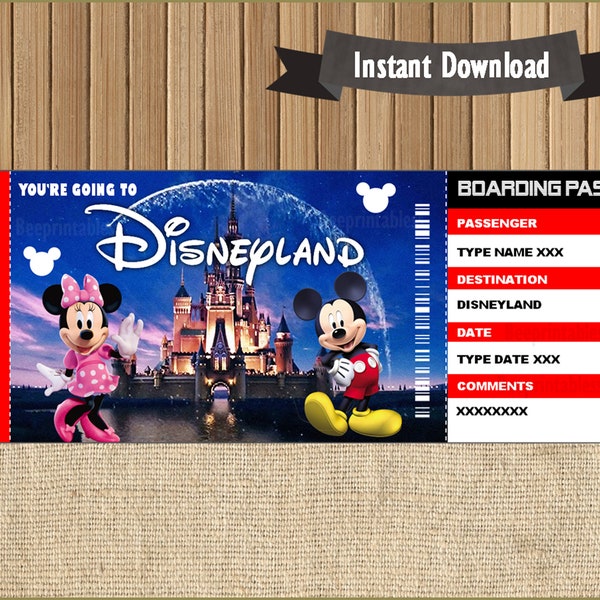 Surprise Trip Ticket nach DisneyLand, Bordkarte, Ticket, bearbeitbare Datei Personalisieren Sie mit Adobe Reader!