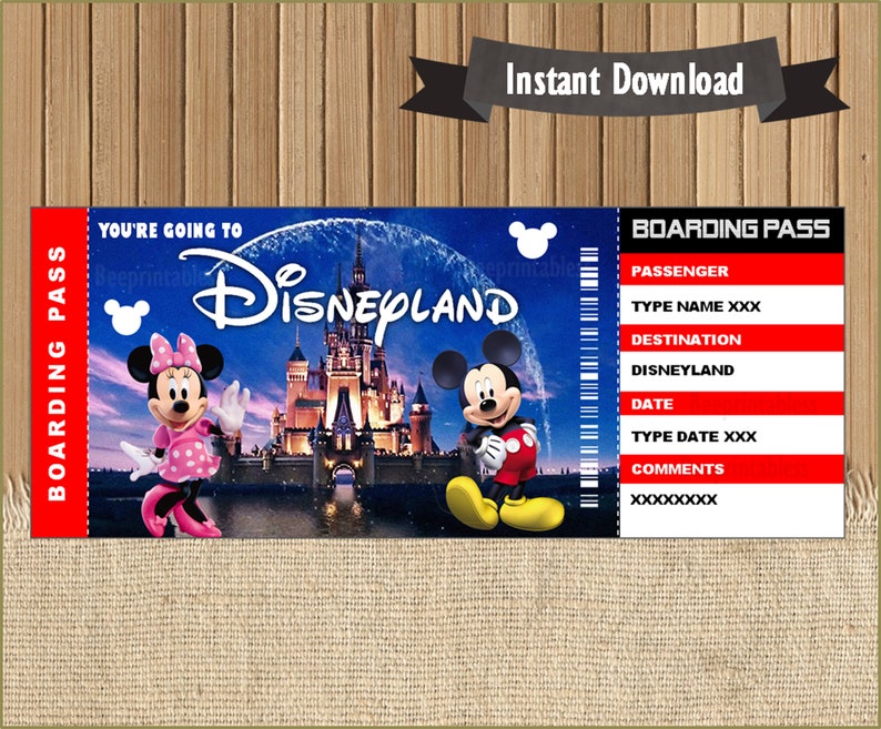 Billet de voyage surprise à DisneyLand, carte d'embarquement, billet, fichier modifiable à personnaliser avec Adobe Reader image 1