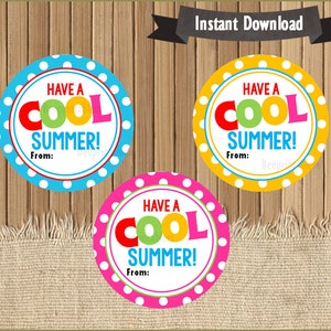 May include: Three circular stickers with the text "HAVE A COOL SUMMER!" in red, green, and pink letters. The stickers have different colored borders and polka dot patterns. The top banner reads "Instant Download".