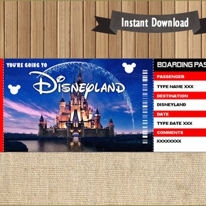 Billet de voyage surprise à DisneyLand, carte d'embarquement, billet, fichier modifiable à personnaliser avec Adobe Reader !
