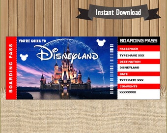 Billet de voyage surprise à DisneyLand, carte d'embarquement, billet, fichier modifiable à personnaliser avec Adobe Reader !