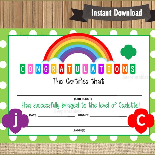 Junior to Cadette Girl Scout Bridging Certificate Printable - Etsy