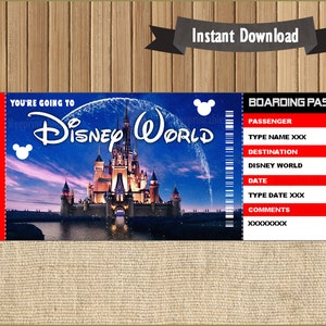 Surprise Trip Ticket to DisneyWorld, Boarding Pass, Ticket, Editable File Personalize with Adobe Reader!