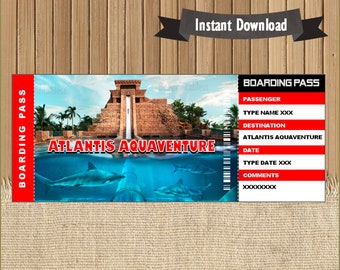 Billet voyage surprise pour AtlantisAquaventure Park, guide du parc à thème, carte d'embarquement, fichier modifiable, personnalisation avec Adobe Reader