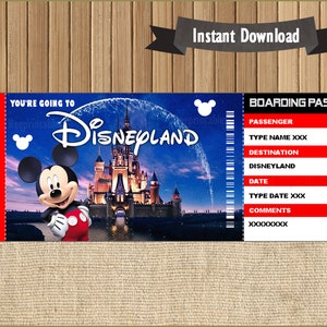 Surprise Trip Ticket to DisneyLand, Boarding Pass, Ticket, Editable File Personalize with Adobe Reader!