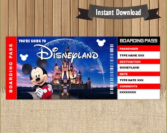 Billet de voyage surprise à DisneyLand, carte d'embarquement, billet, fichier modifiable à personnaliser avec Adobe Reader !