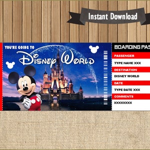Billet de voyage surprise à DisneyWorld, carte d'embarquement, billet, fichier modifiable à personnaliser avec Adobe Reader !